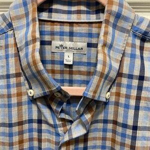 Peter Millar Men's Blue and Tan Plaid Long sleeve Button Down. Size Large